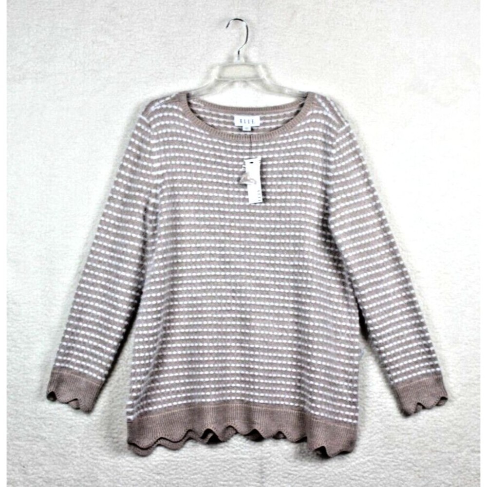 ELLE Sweater Beige White Long Sleeve Knit Top Size XL Scalloped Hem